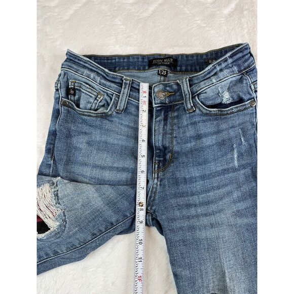 Judy Blue Jeans Women's Blue Skinny Fit Buffalo Plaid Patch Distressed - Sz 1/25 - Picture 5 of 9
